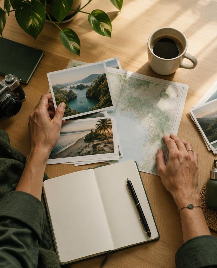Pessoa organizando um roteiro de viagem sobre uma mesa